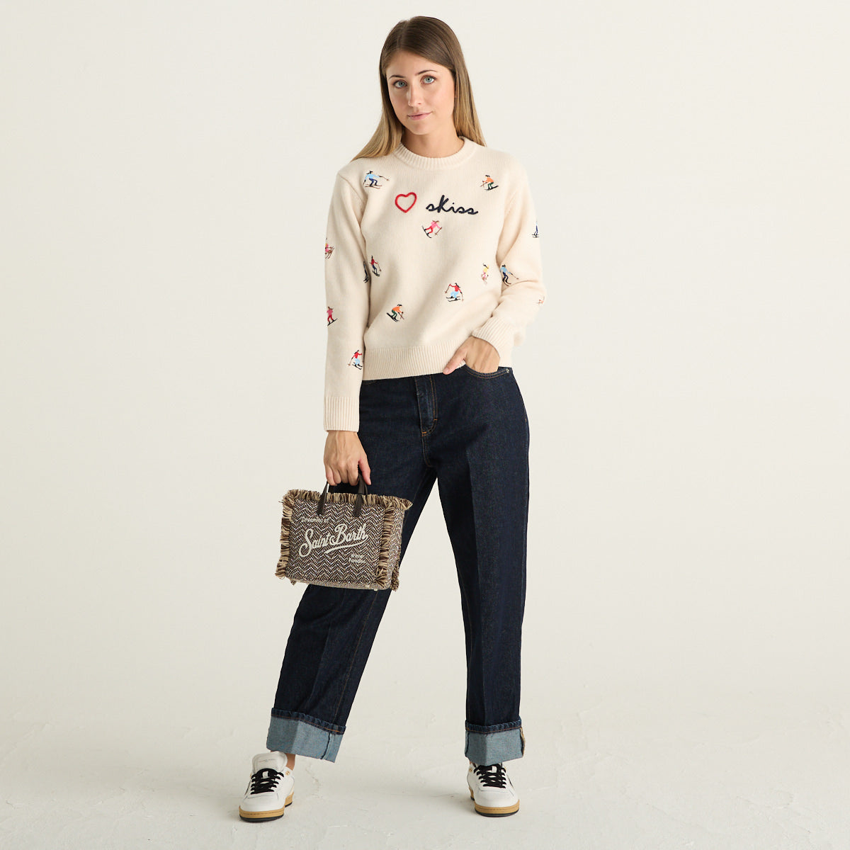 MC2 Saint Barth Maglia Donna Panna con Ricami Sciatori e Scritta Love Skis
