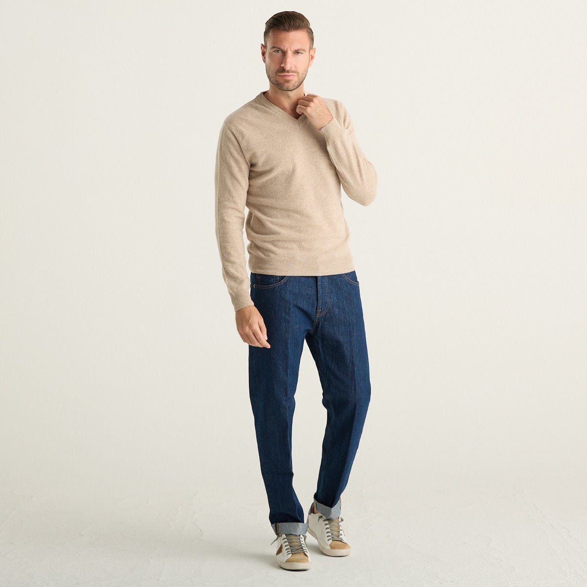 Wool & Co Maglione Uomo Beige in Lana Merino e Cashmere con Scollo a V