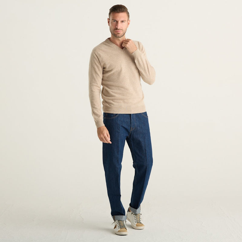 Wool & Co Maglione Uomo Beige in Lana Merino e Cashmere con Scollo a V