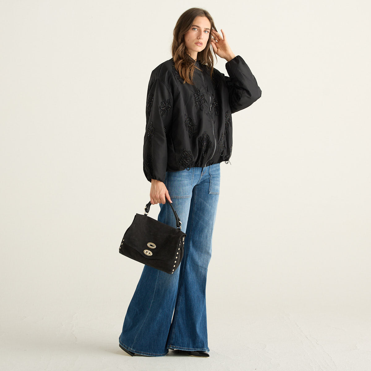 Souvenir Privée Bomber Donna Nero con Ricami di Perline e Chiusura Zip