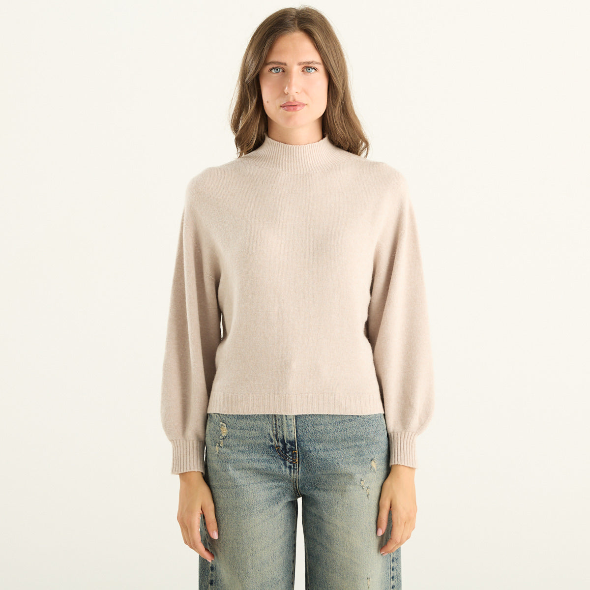 Maglia donna beige con maniche a palloncino Haveone