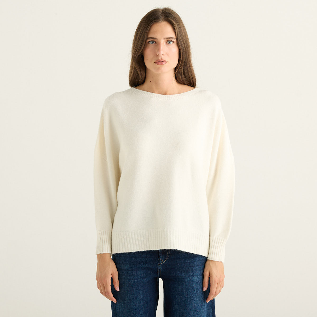 Haveone Maglione Donna Bianco Panna a Girocollo con Maniche a Pipistrello e Vestibilità Morbida