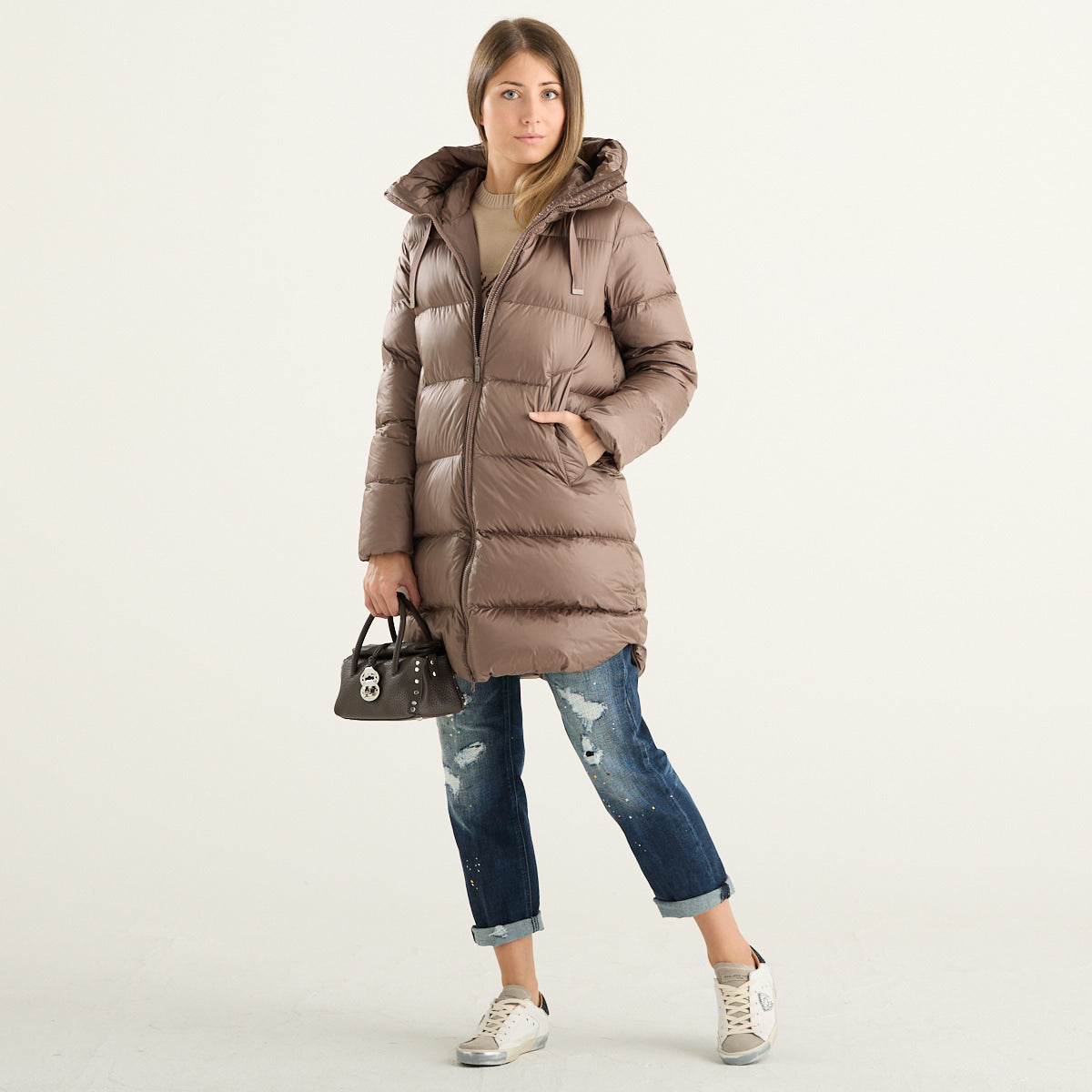 Bomboogie – Piumino lungo donna bronzo con cappuccio