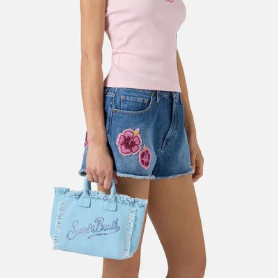 Mc2 Saint Barth borsa vanity mini strass canvas azzurra