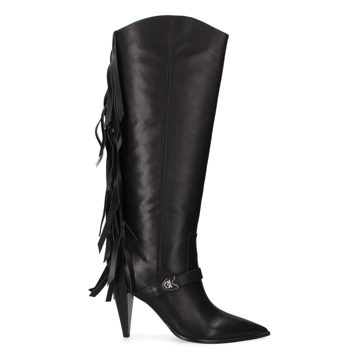 Pinko stivale alto con frange in pelle nero