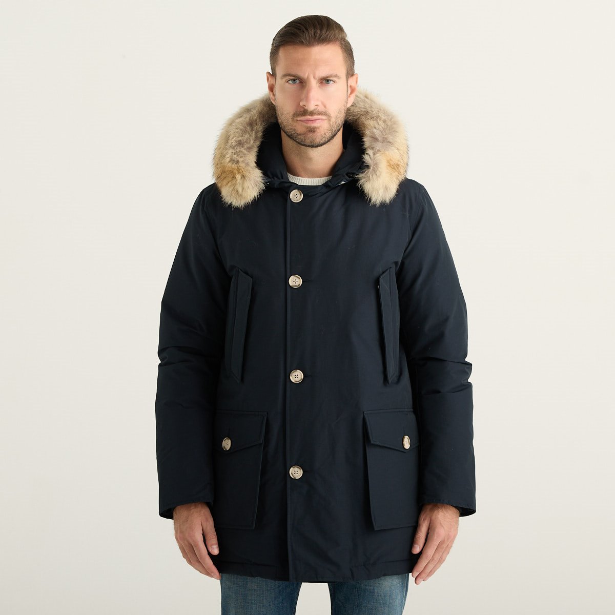 Woolrich Parka Uomo Blu Navy con Cappuccio Bordato in Pelliccia