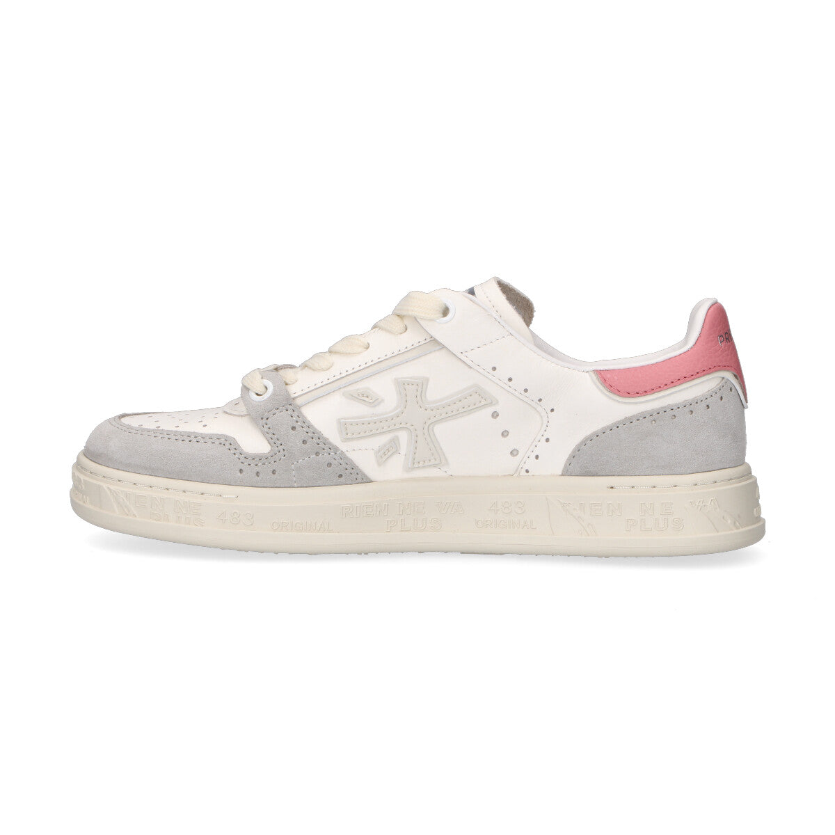 Premiata sneaker Quinn in pelle panna e rosa