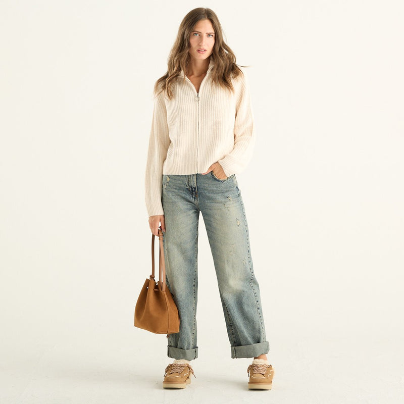 Haveone cardigan donna panna a coste con zip e collo alto
