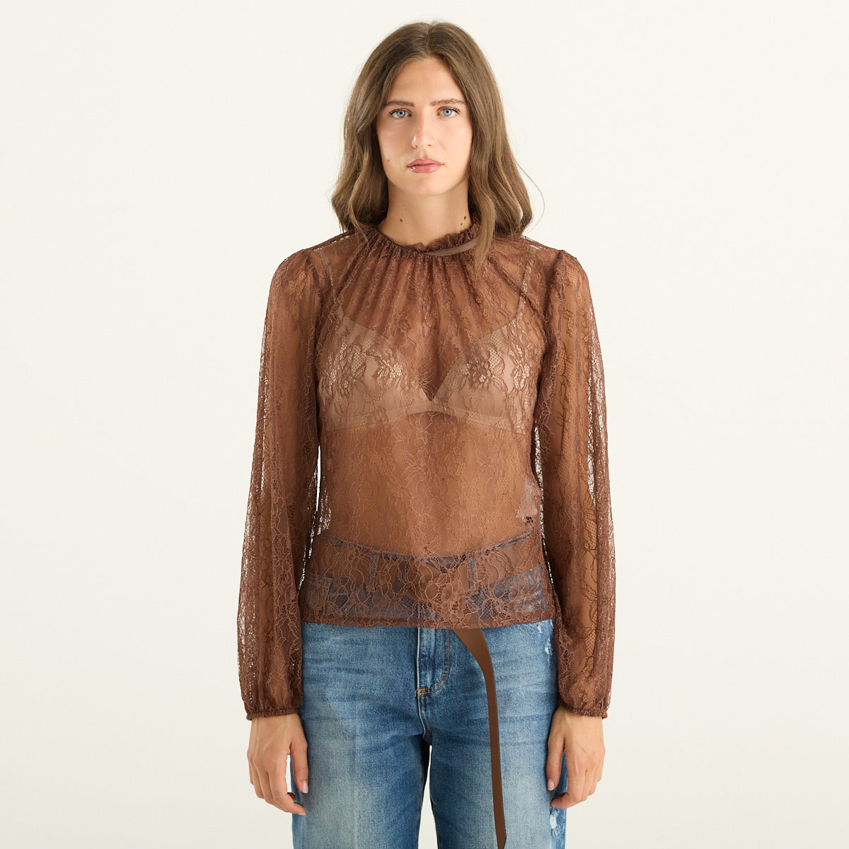Haveone – Blusa donna marrone in pizzo