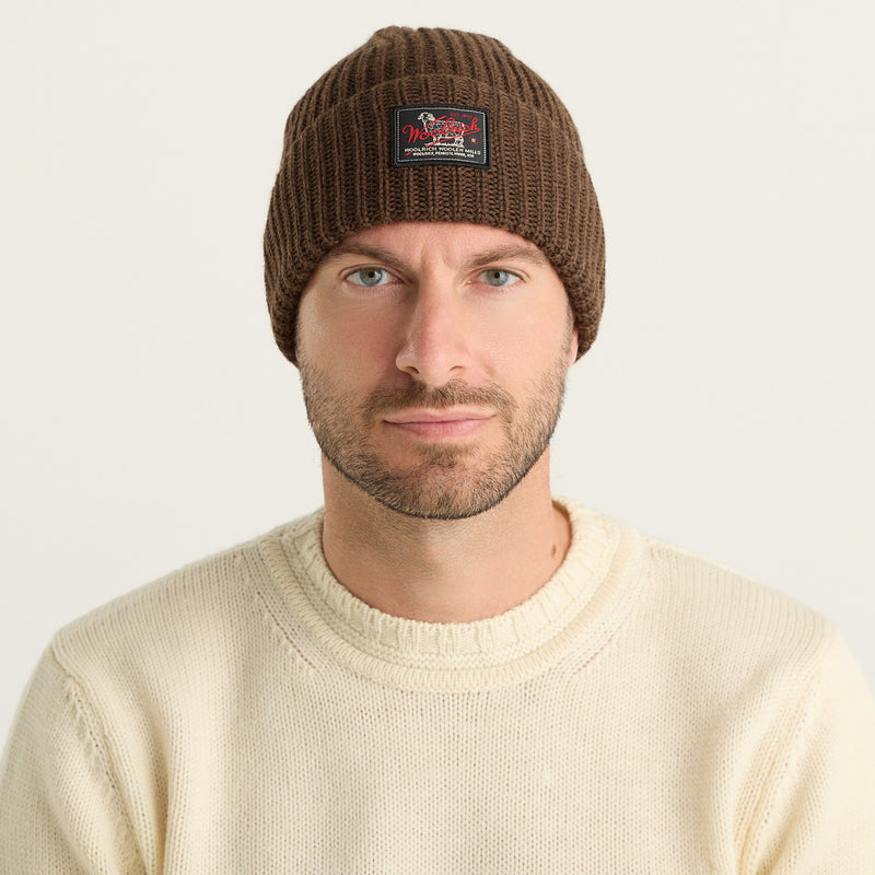 Woolrich Berretto Uomo WM Patch Beanie Marrone in Lana Vergine con Logo