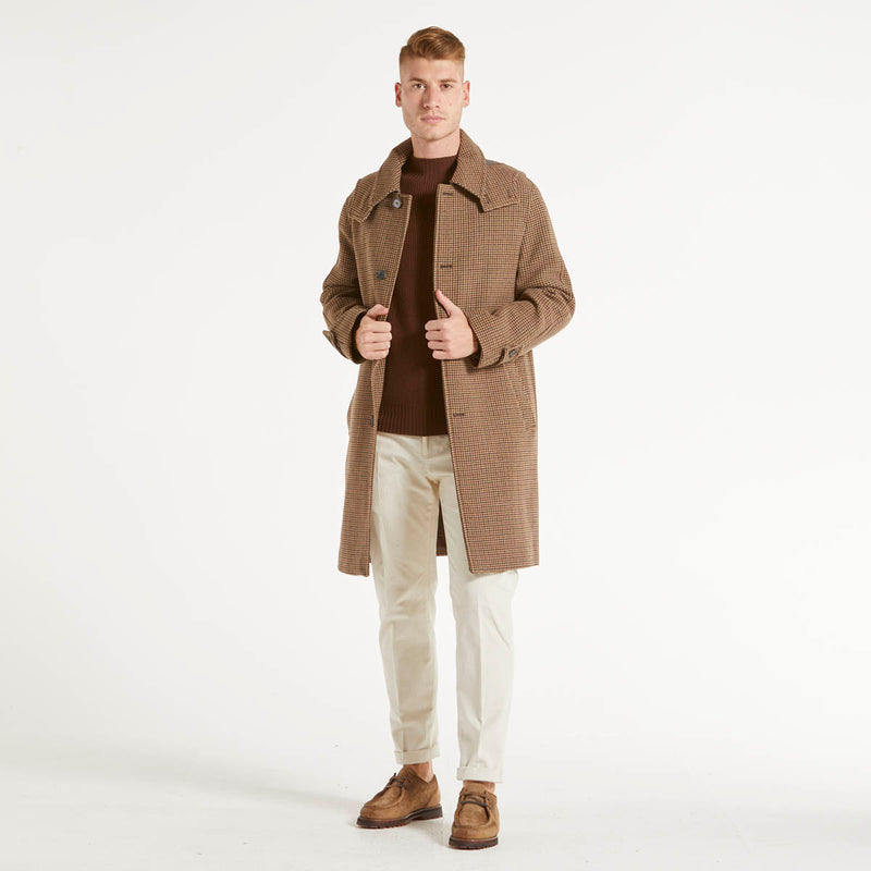 Amaranto cappotto cappuccio fantasia beige