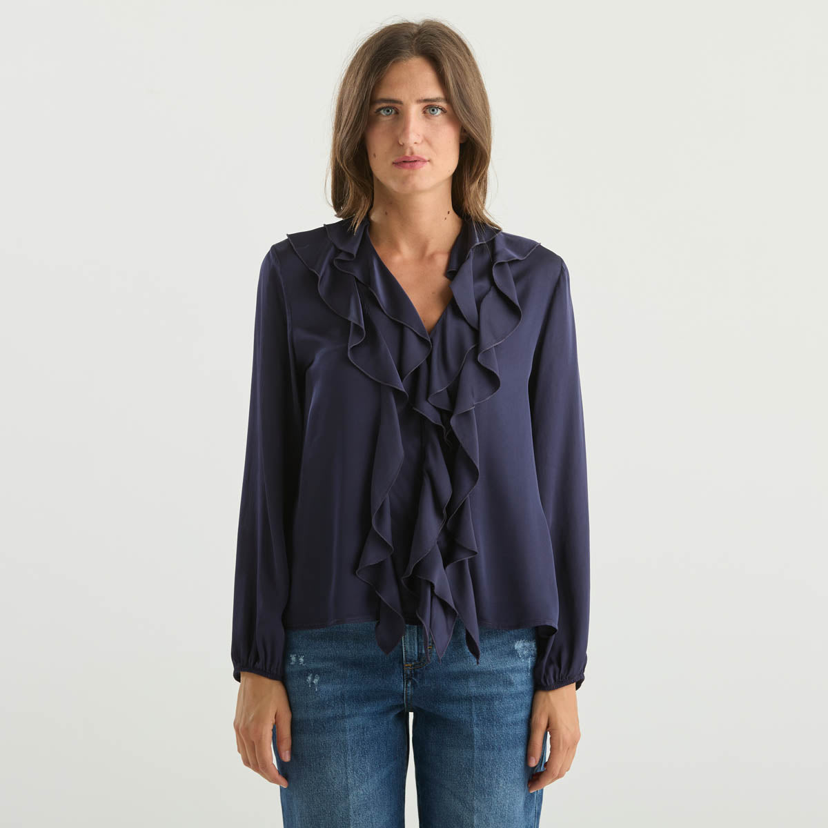 Haveone camicia con volant in tessuto blu