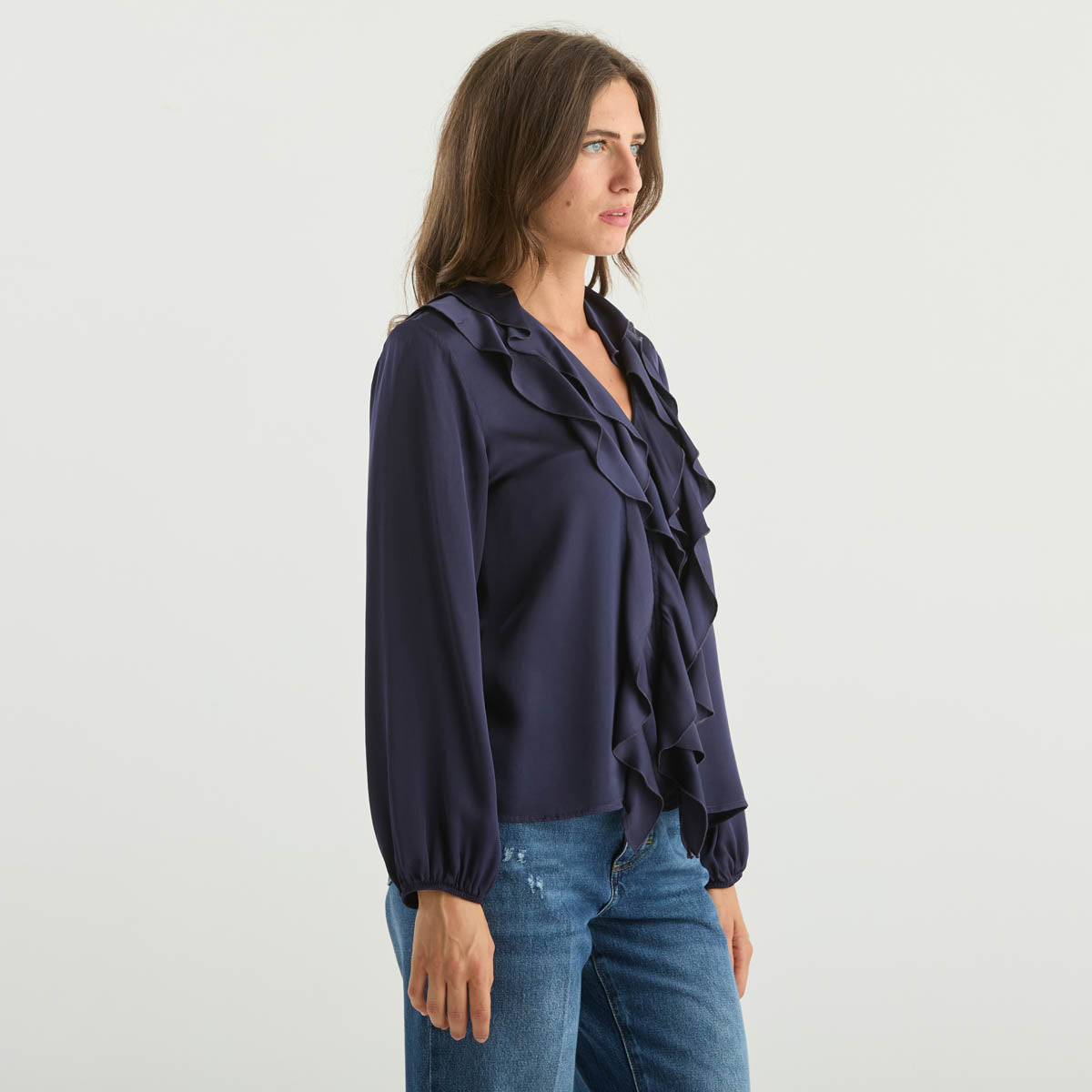 Haveone camicia con volant in tessuto blu