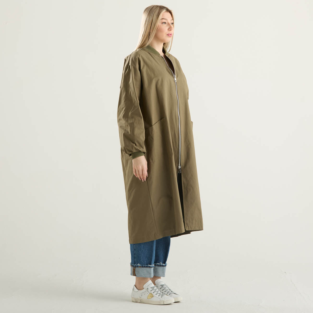 Philia Loft trench lungo in tessuto verde militare
