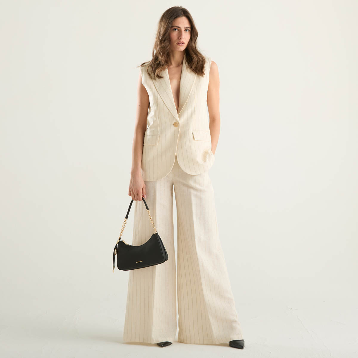 Souvenir pantalone a palazzo gessato panna