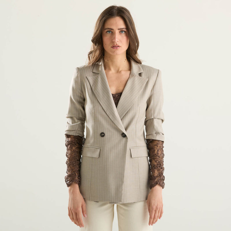 Haveone giacca gessata beige manica in pizzo