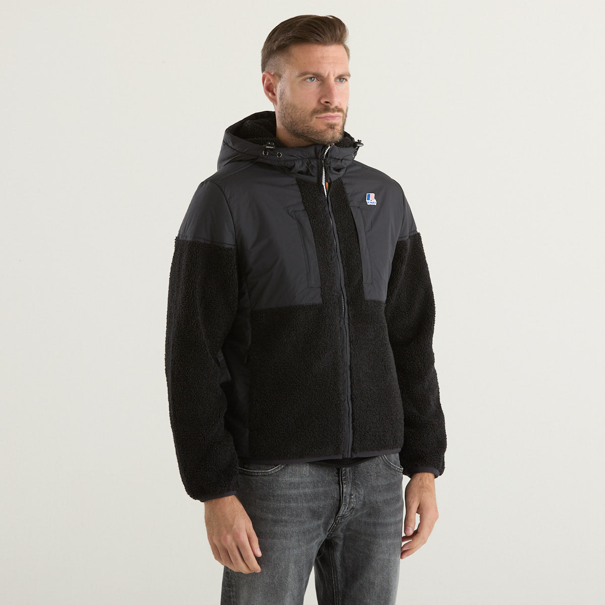 K-way giubbotto in sherpa con cappuccio nero