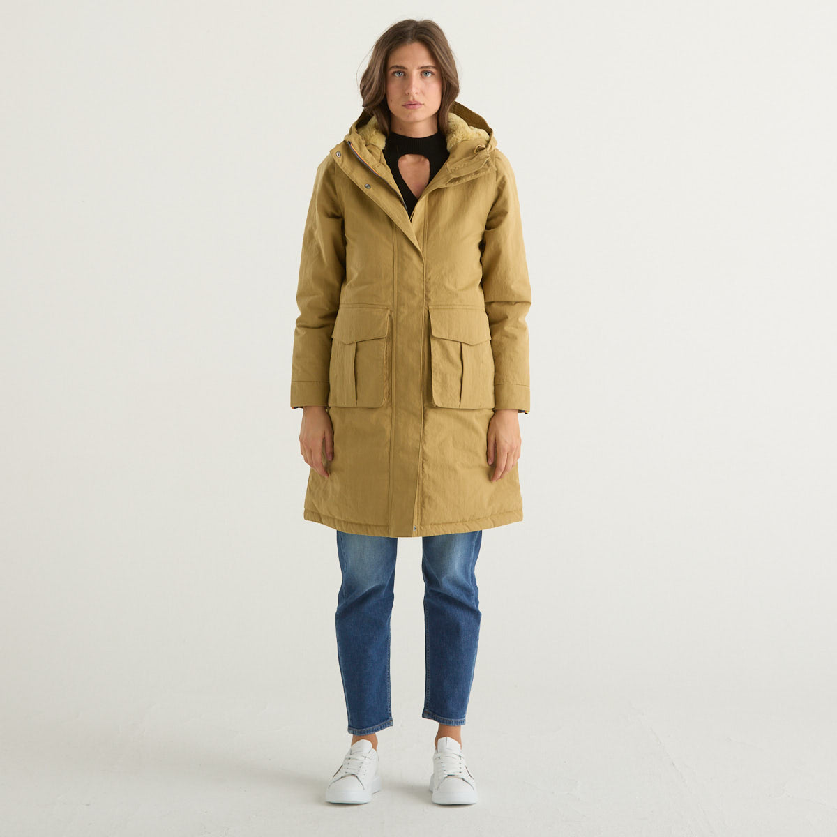 K-way parka con cappuccio in tessuto senape