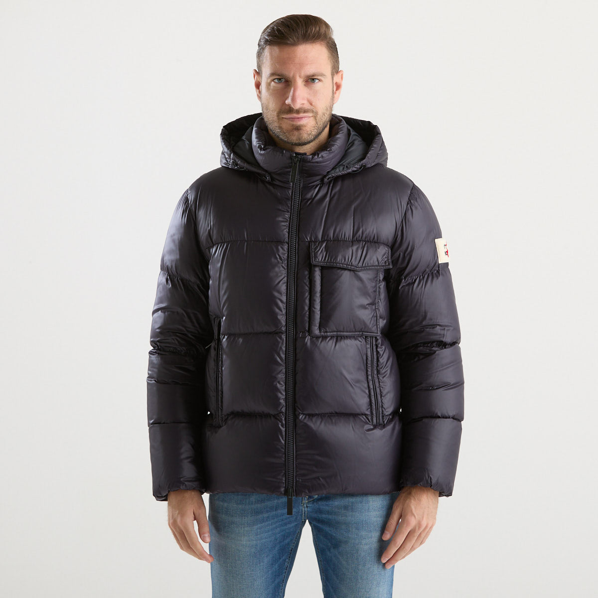 After Label piumino corto con cappuccio blu