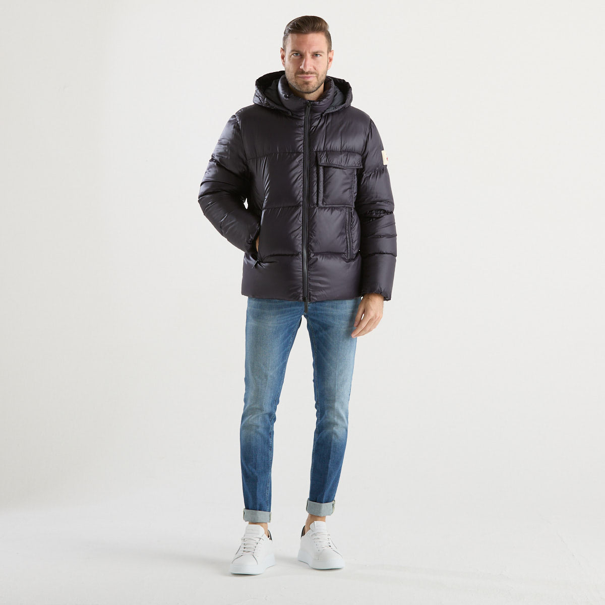 After Label piumino corto con cappuccio blu