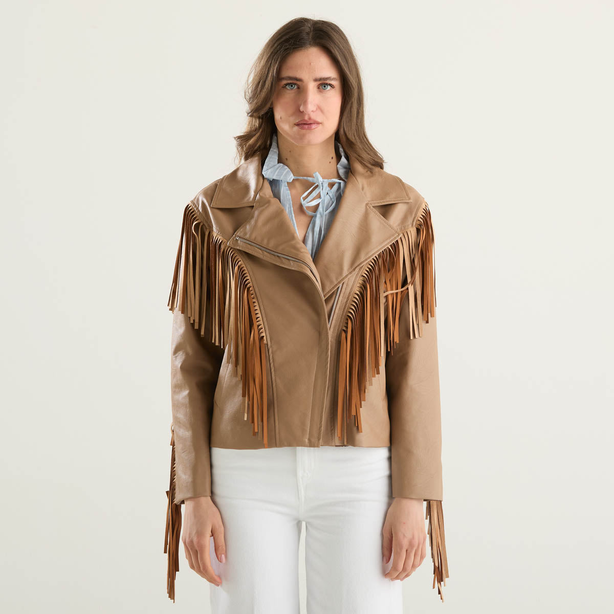 Haveone giubbotto in ecopelle con frange cuoio
