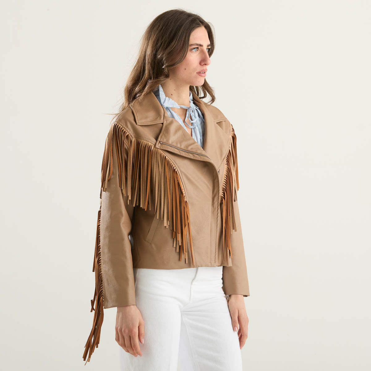 Haveone giubbotto in ecopelle con frange cuoio