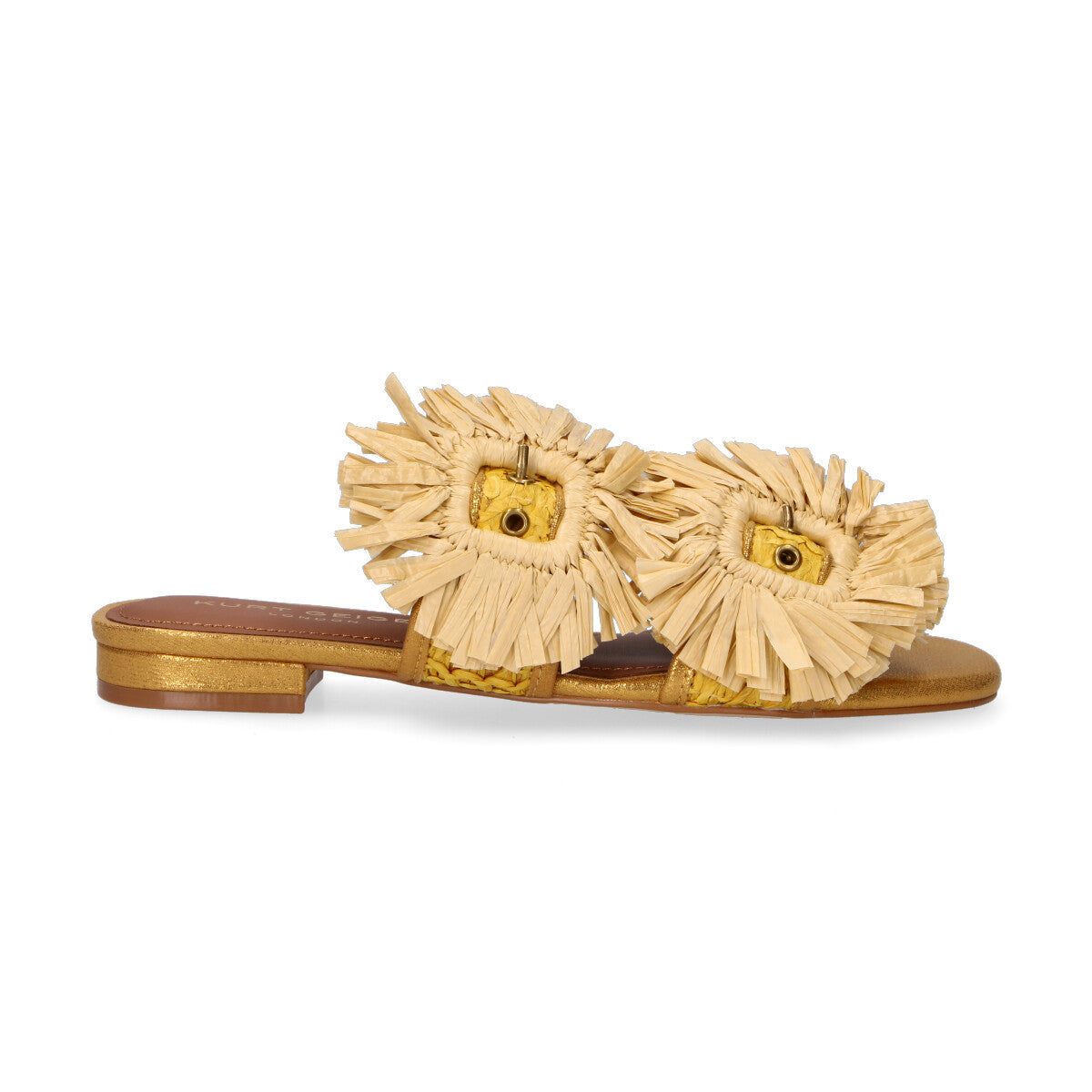 Kurt Geiger ciabatta raffia buckle laminata oro