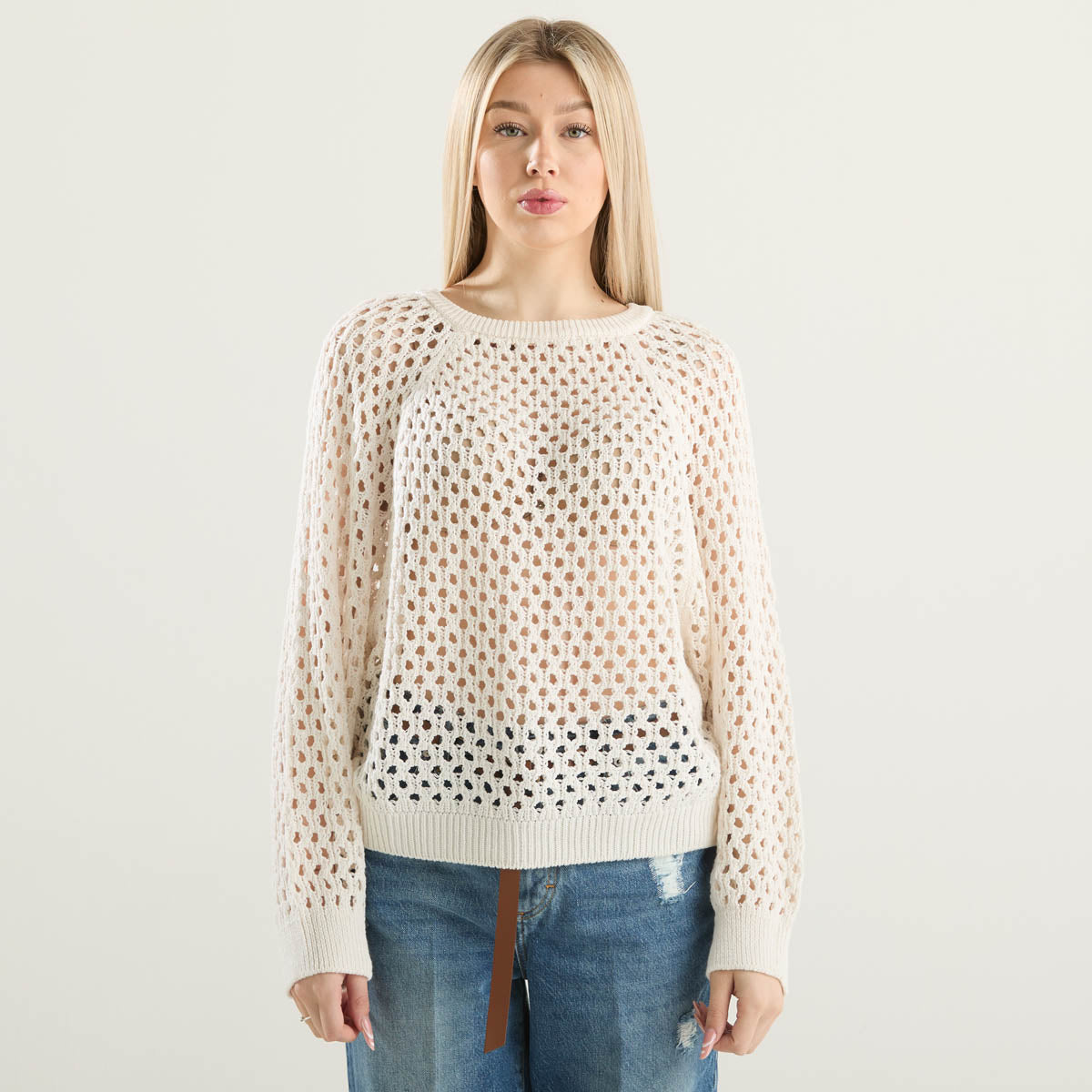 Haveone maglioncino girocollo traforato panna