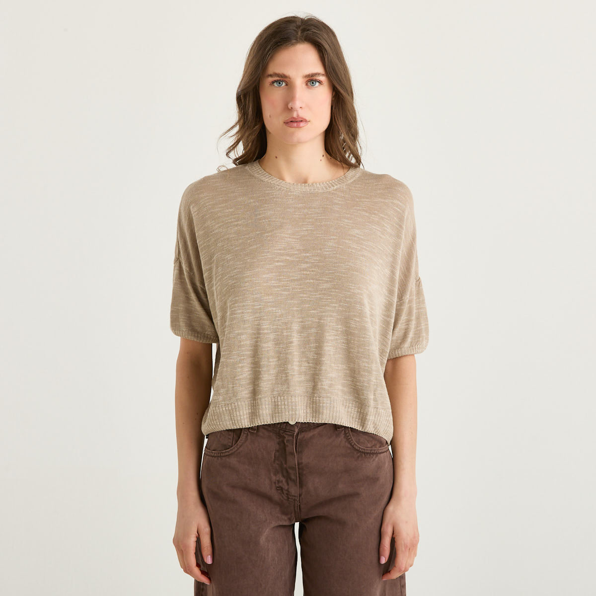 Haveone maglia girocollo mezza manica beige