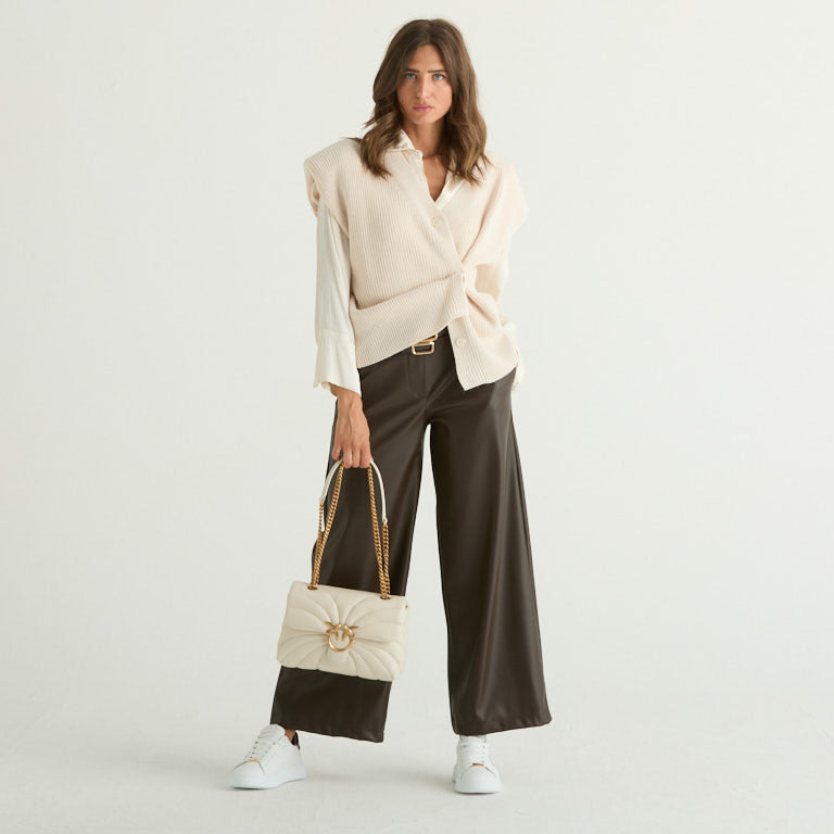 Haveone pantalone in ecopelle marrone con cintura