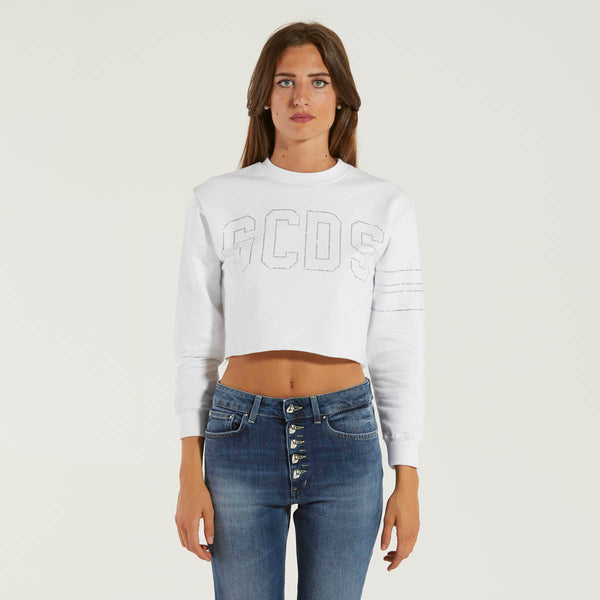 GCDS felpa crop big logo strass bianca