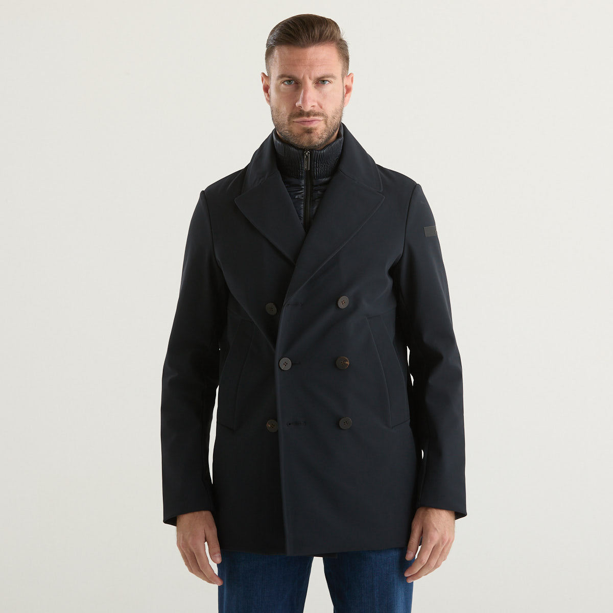 Rrd cappotto doppiopetto in tessuto tecnico blu