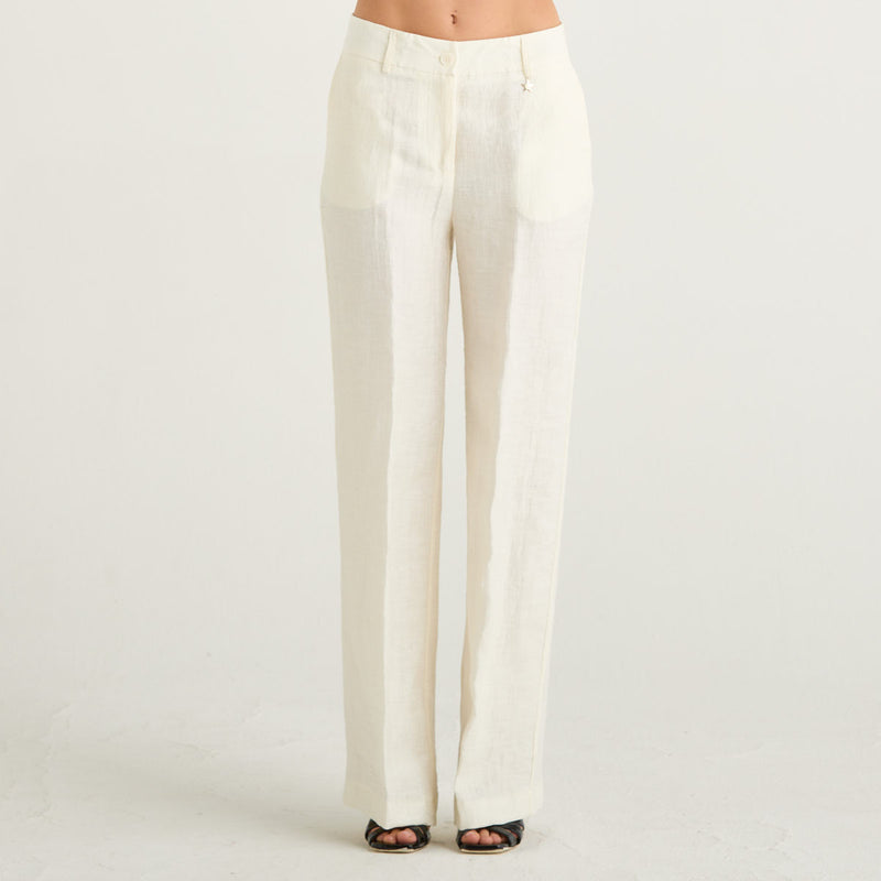 Souvenir pantalone in lino a palazzo panna