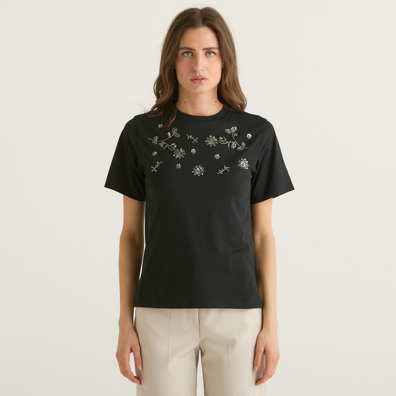 MaxMara t-shirt in jersey nera con ricami