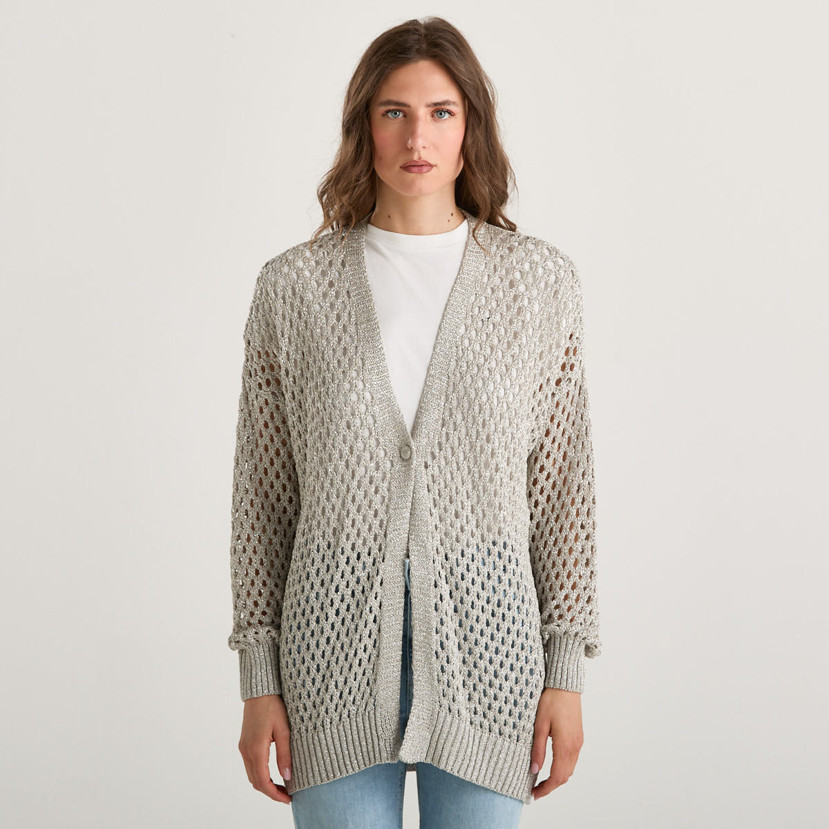 Souvenir cardigan traforato in maglia argento