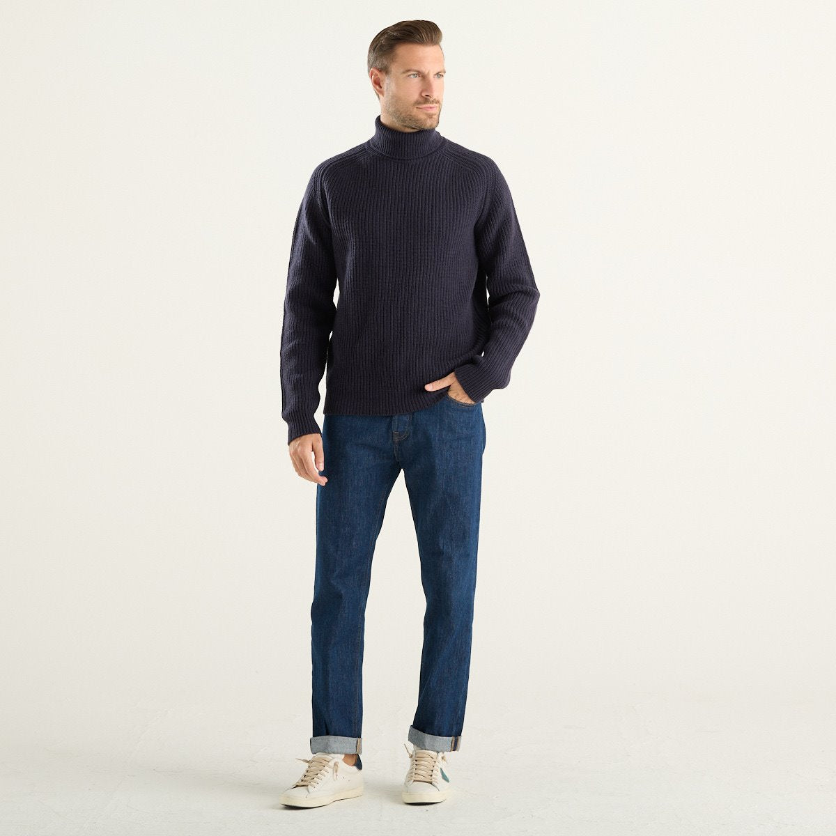Cruna maglione dolcevita uomo Ginza in lana merino blu notte