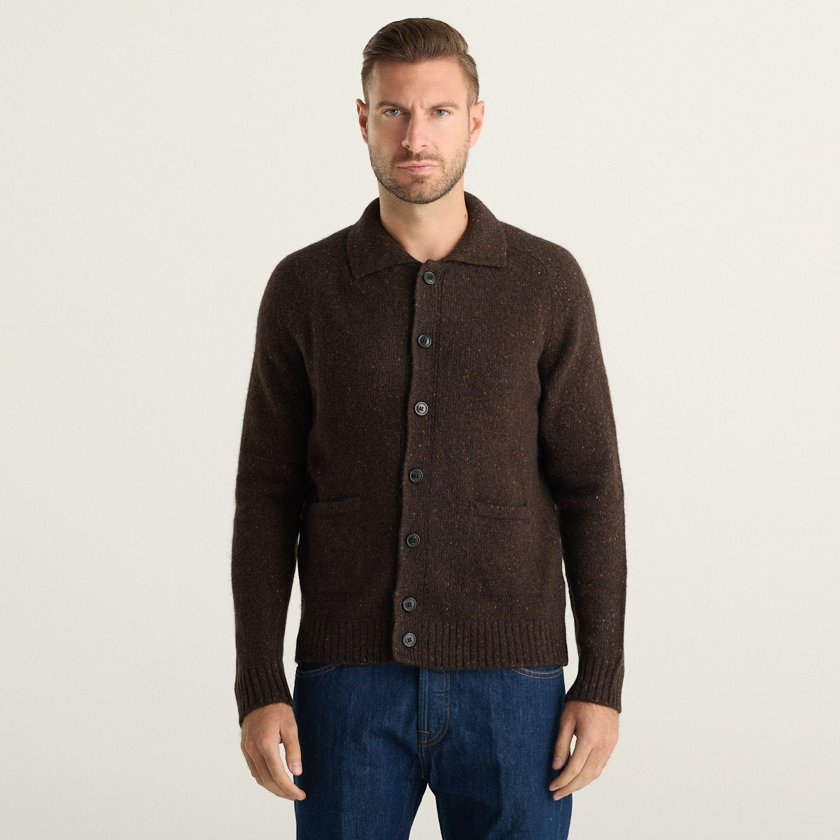 Wool & Co Cardigan Uomo Marrone Scuro con Bottoni, Colletto e Tasche
