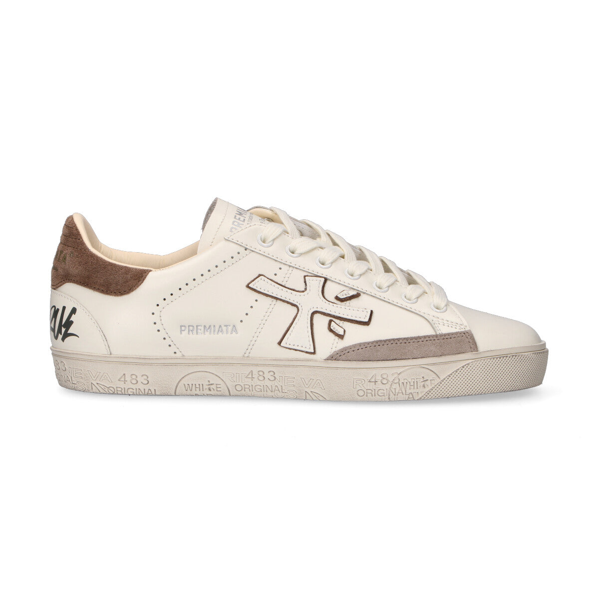 Premiata sneaker Steven in pelle bianca e beige