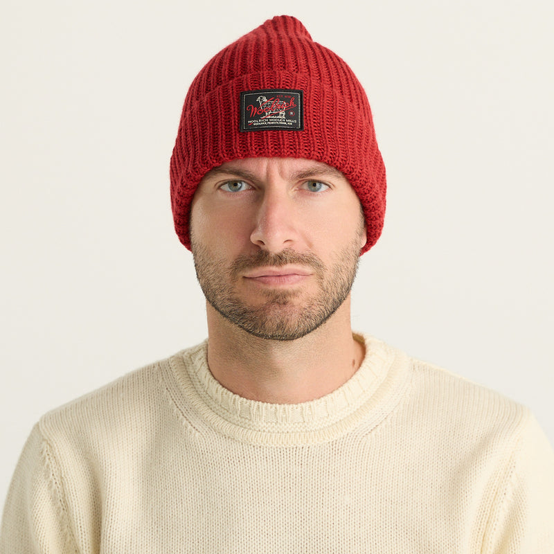 Woolrich Berretto Uomo WM Patch Beanie Rosso in Lana Vergine con Logo