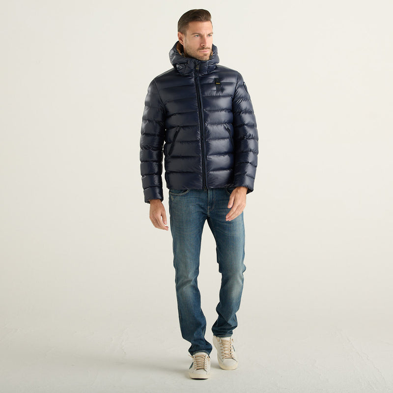 Blauer Piumino Uomo Blu Navy Lucido con Cappuccio