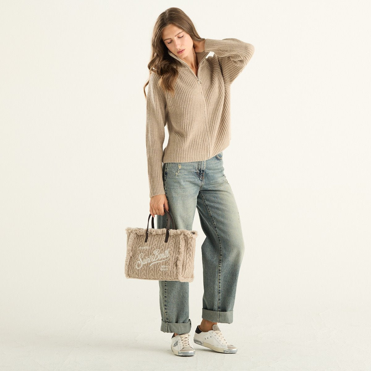 Haveone cardigan donna beige a coste con zip e collo alto