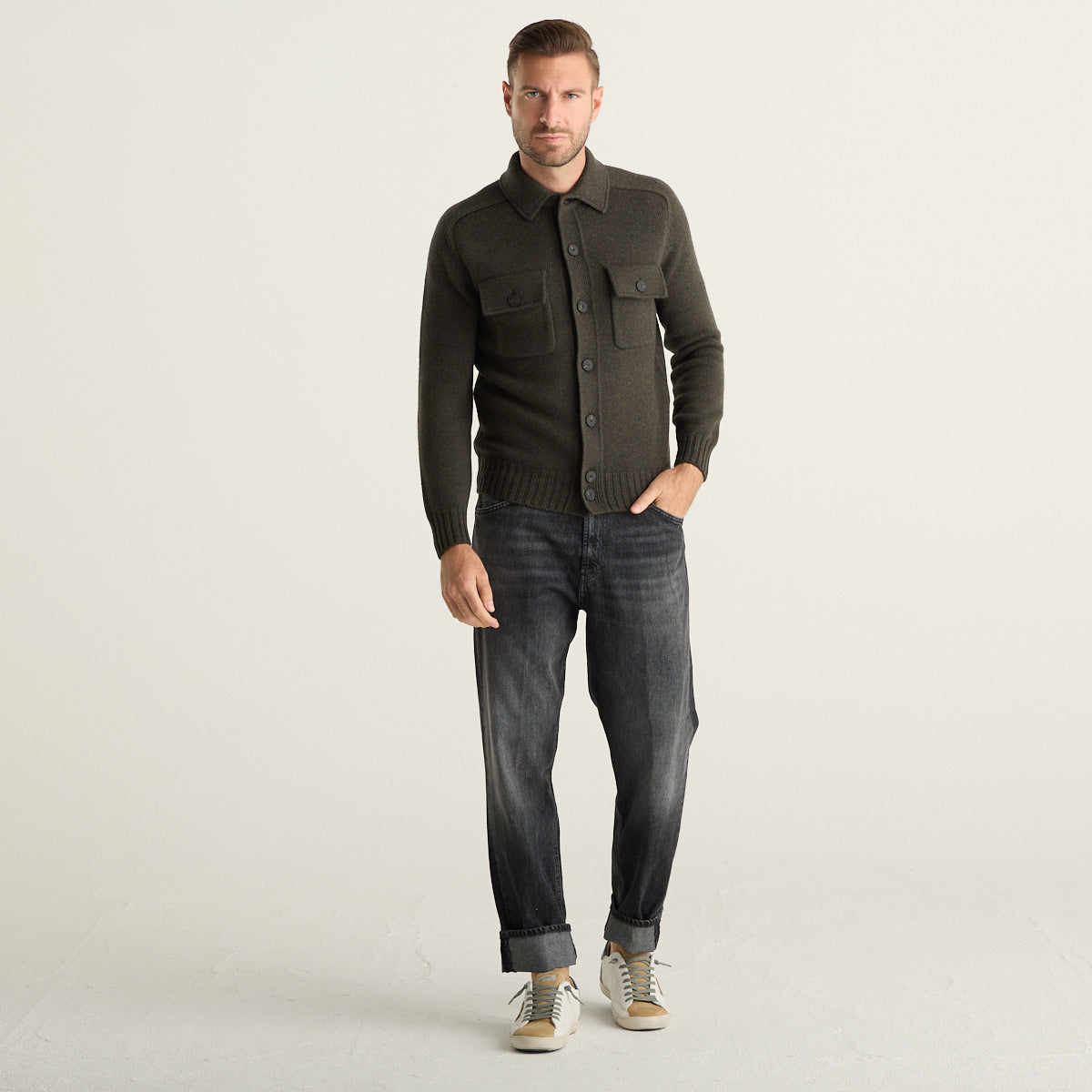 Gran Sasso Giacca Camicia Uomo Verde Oliva in Maglia con Tasche e Bottoni