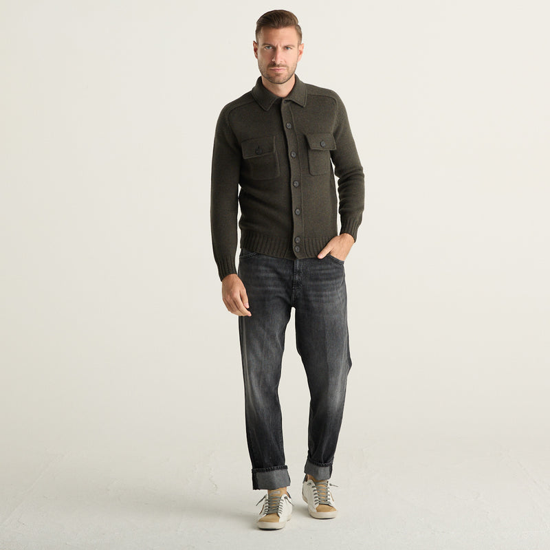 Gran Sasso Giacca Camicia Uomo Verde Oliva in Maglia con Tasche e Bottoni