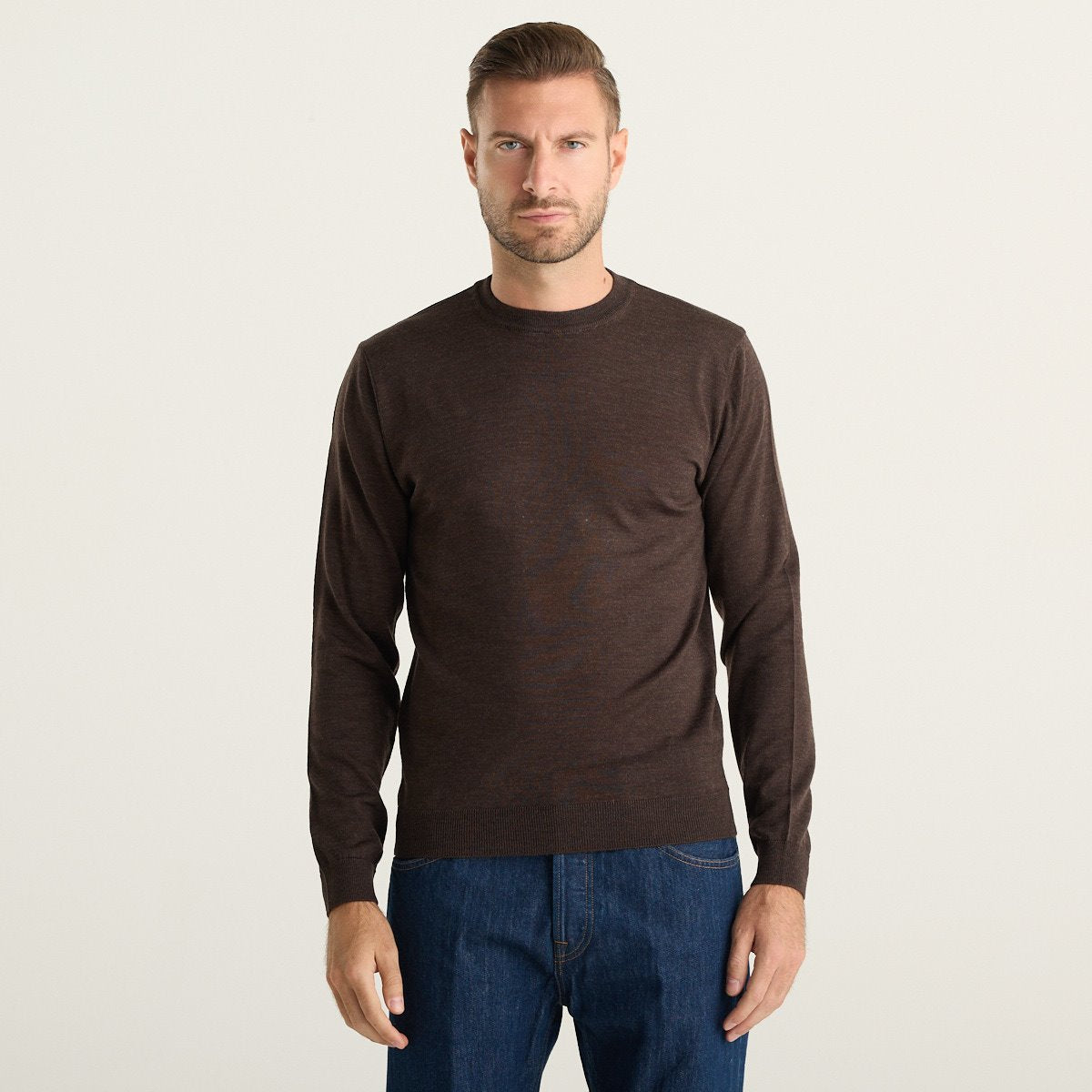 Wool & Co Maglione Girocollo Uomo Marrone Mélange in Maglia Fine