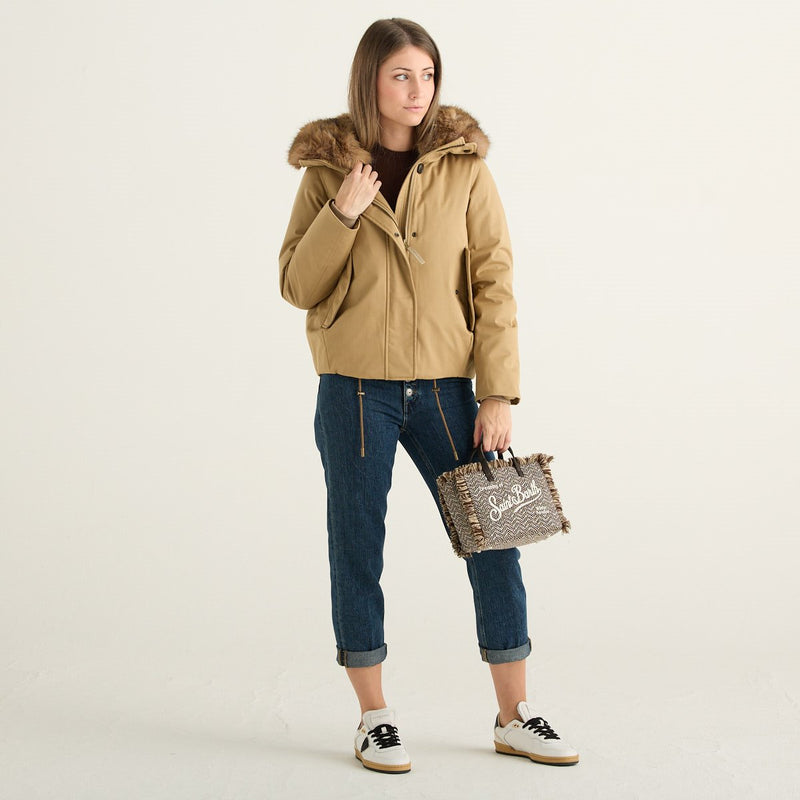 Woolrich Parka Corto Donna Best Cotton Gold Khaki con Cappuccio in Pelliccia Sintetica e Piumino