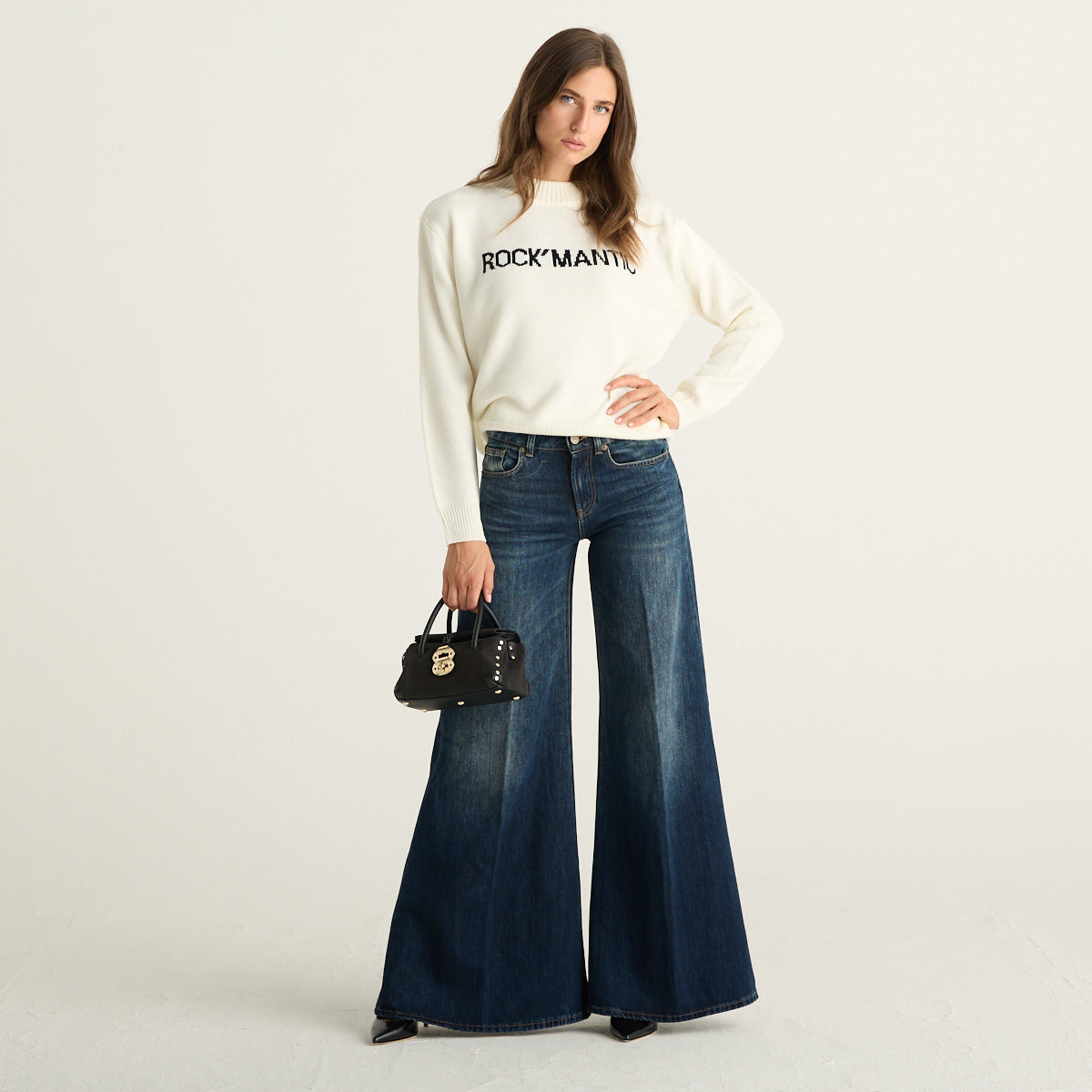 Patrizia Pepe maglione donna panna in misto lana con scritta Rock’mantic