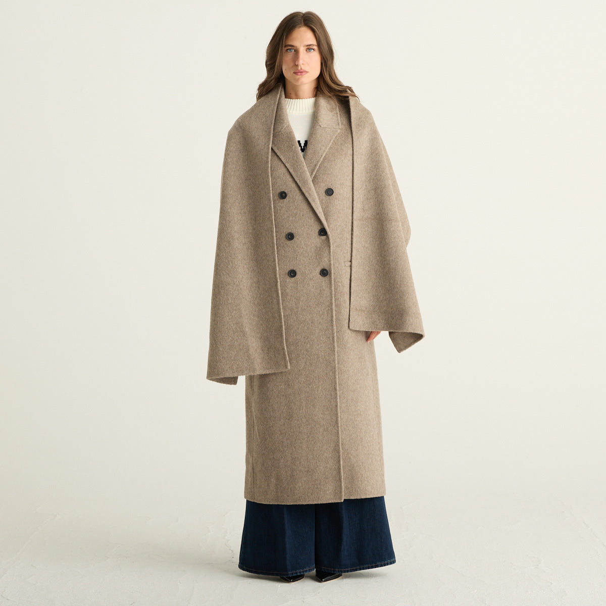Mei Mei J Cappotto Lungo Donna Beige Tortora Mélange in Lana Cashmere e Seta con Sciarpa