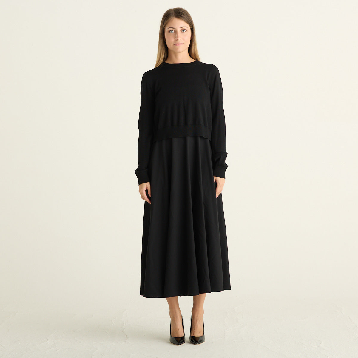 Mei Mei J Abito Donna Nero Midi con Cardigan, Girocollo e Gonna Ampia