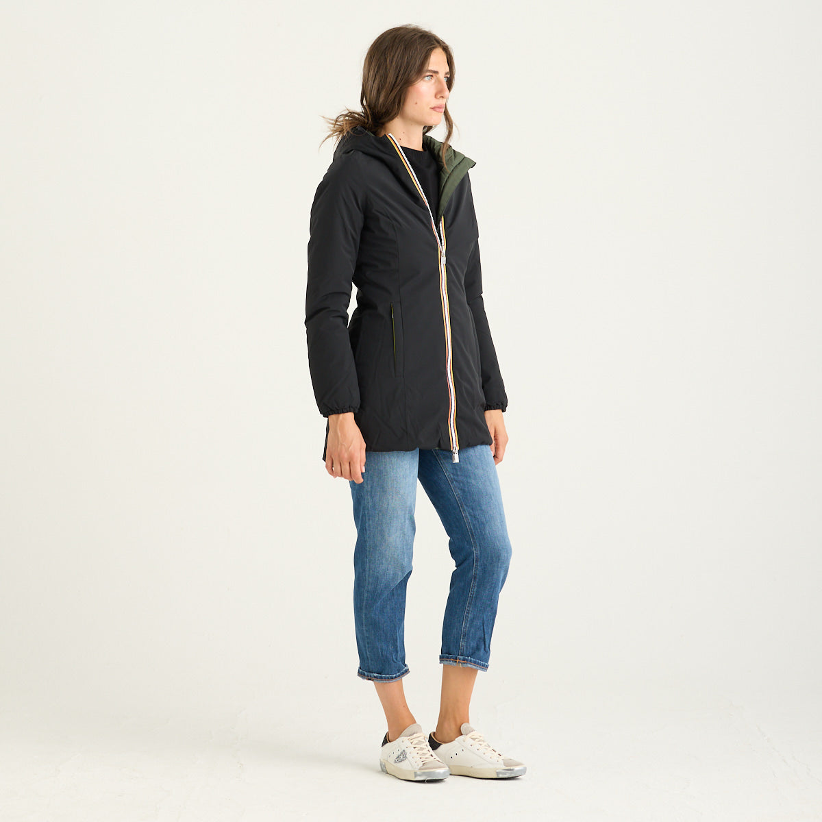 K-Way giubbotto denise lungo reversibile nero e verde con cappuccio