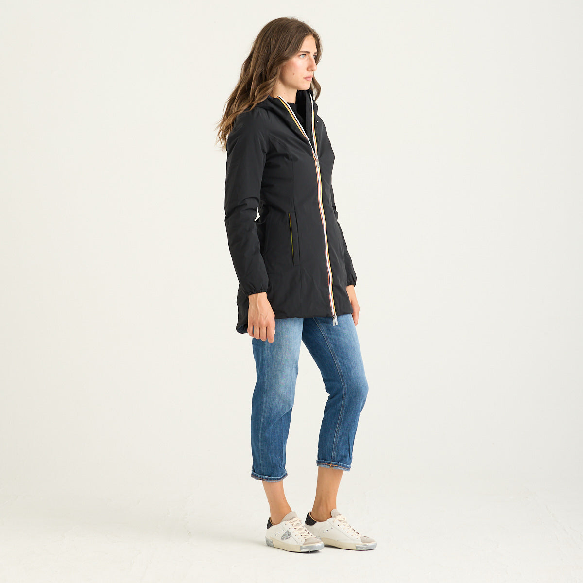 K-way giubbino lungo denise sfiancato reversibile nero e blu con cappuccio
